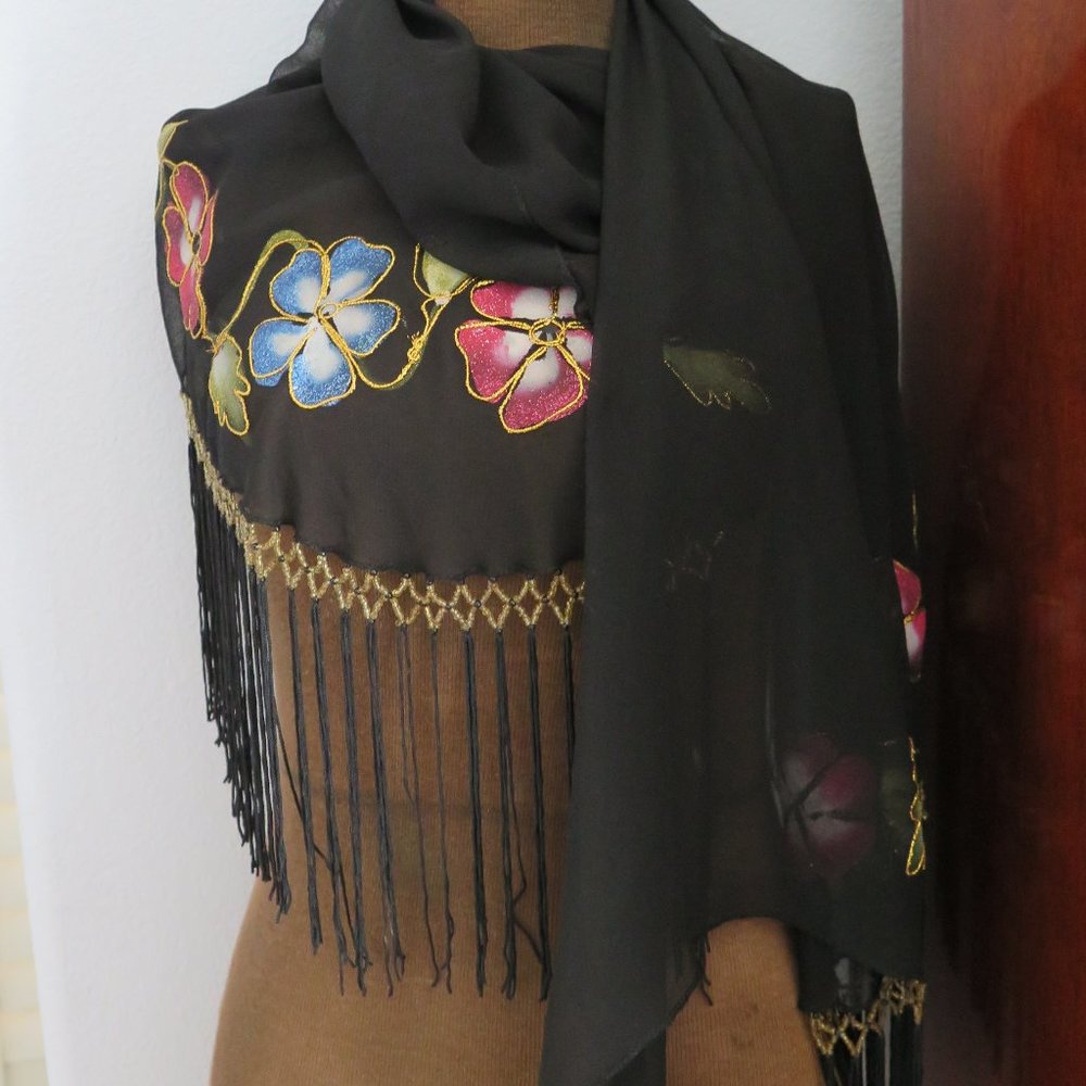 SOLD Black Sheer Fringed Shawl